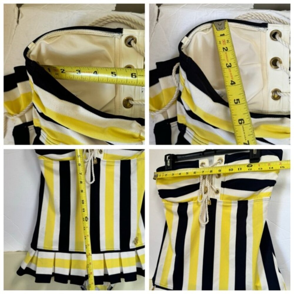 Juicy Couture Pleated Skirt Striped Nautical Swimsuit One Piece Pin Up Retro M - Picture 12 of 16
